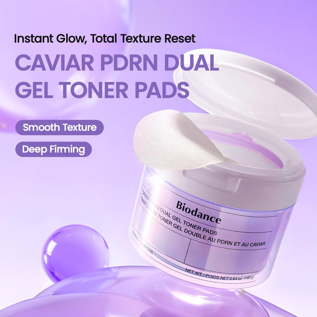 Close-up of BIODANCE Caviar PDRN Dual Gel Toner Pads showing texture