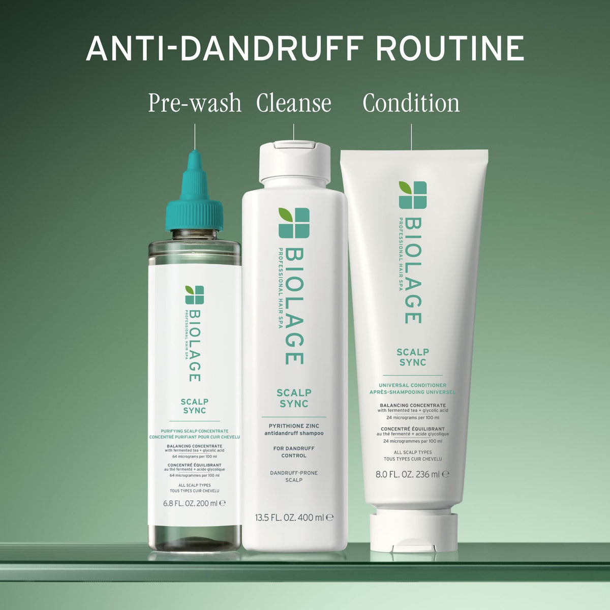Close-up of Biolage Scalp Sync Anti-Dandruff Shampoo bottle