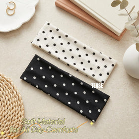 Close-up of black and white polka dot headband from TERSE
