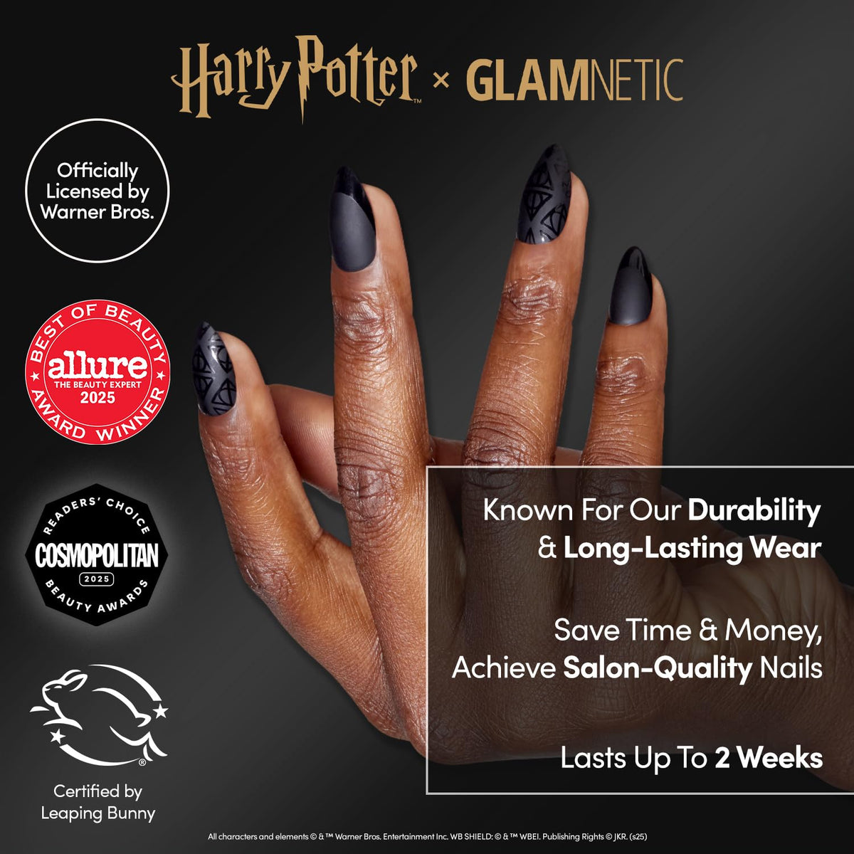 Close-up of black matte and glossy French tip press on nails