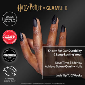 Close-up of black matte and glossy French tip press on nails