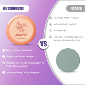 Close-up of BlissfulOasis shower steamer packaging