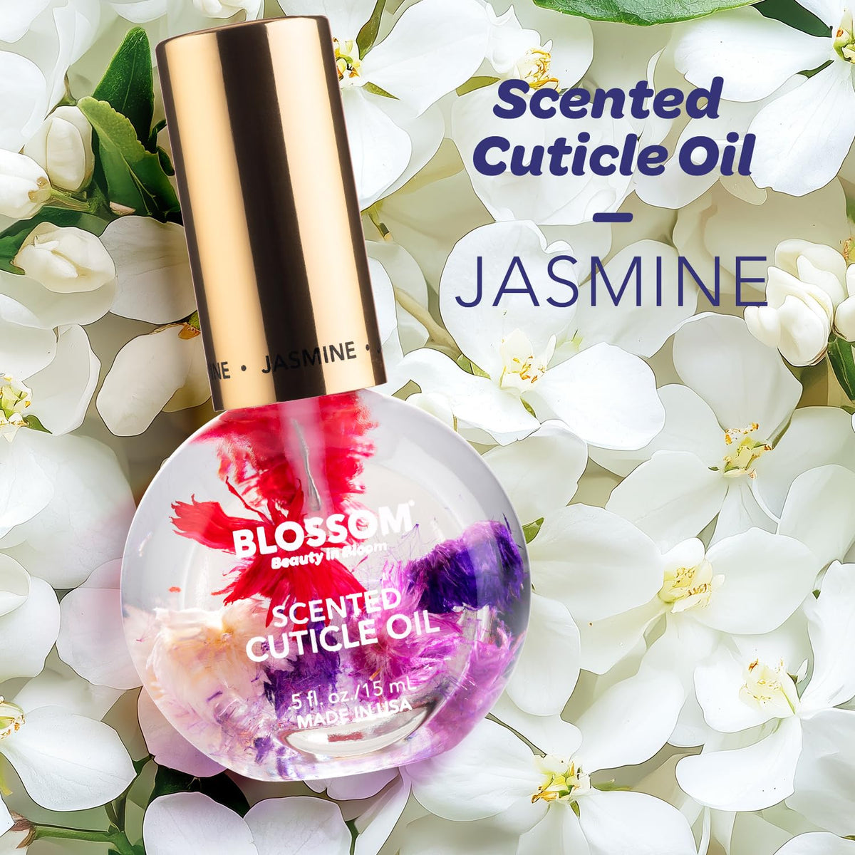 Close-up of Blossom Cuticle Oil bottle with dried flowers