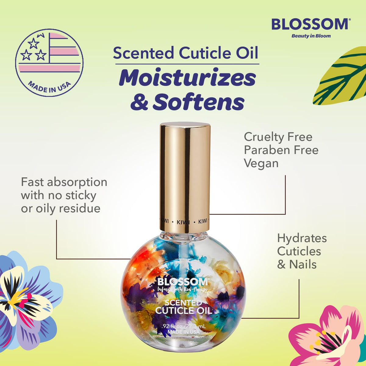 Close-up of Blossom Cuticle Oil with flowers