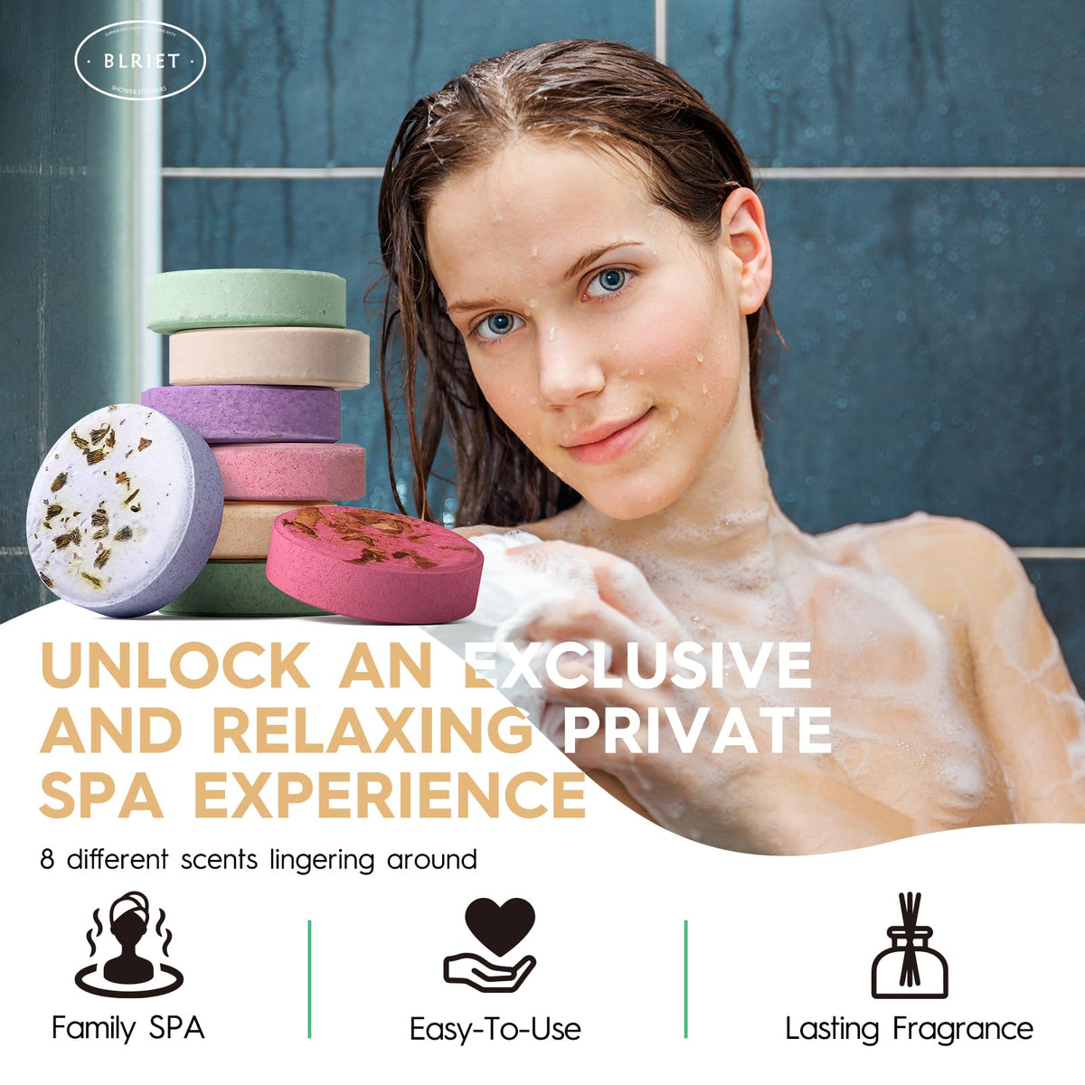 Close-up of BLRIET Shower Steamer in vibrant packaging