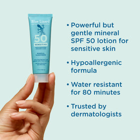 Close-up of BLUE LIZARD Sensitive Mineral Sunscreen Lotion SPF 50 tube