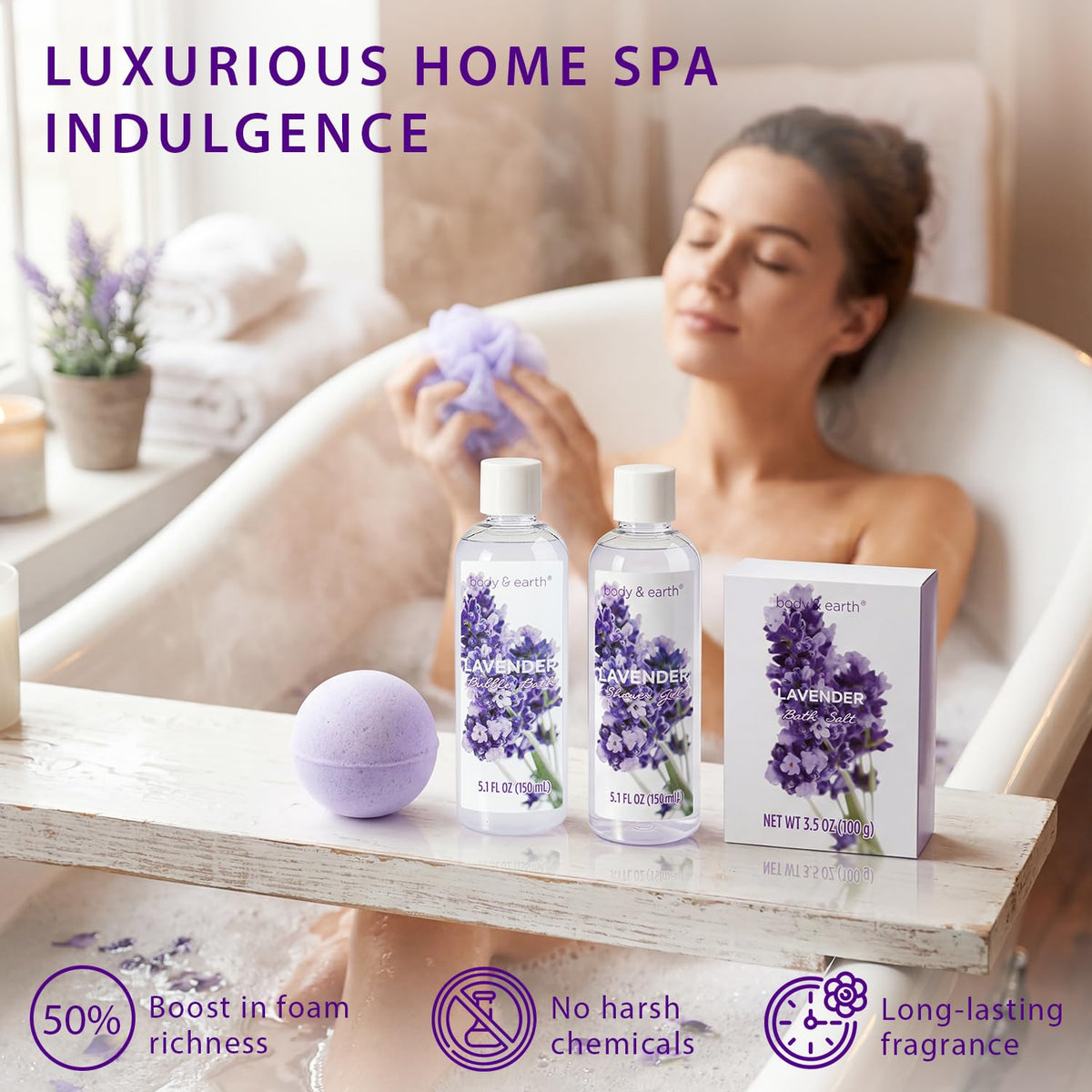 Close-up of BODY & EARTH bubble bath and body lotion