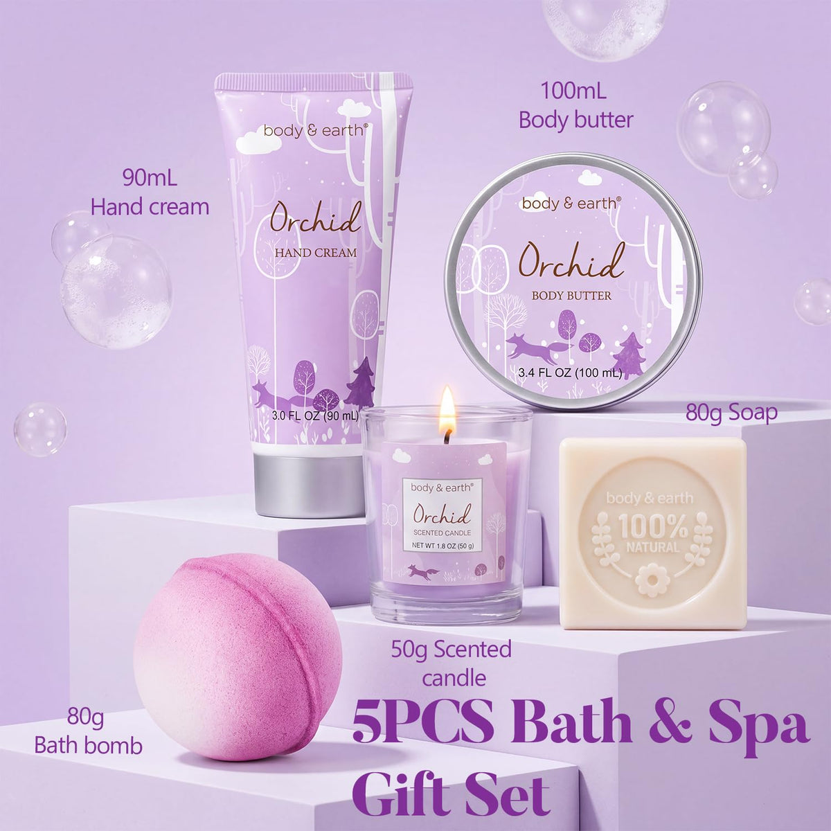 Close-up of BODY & EARTH scented candle from spa gift set