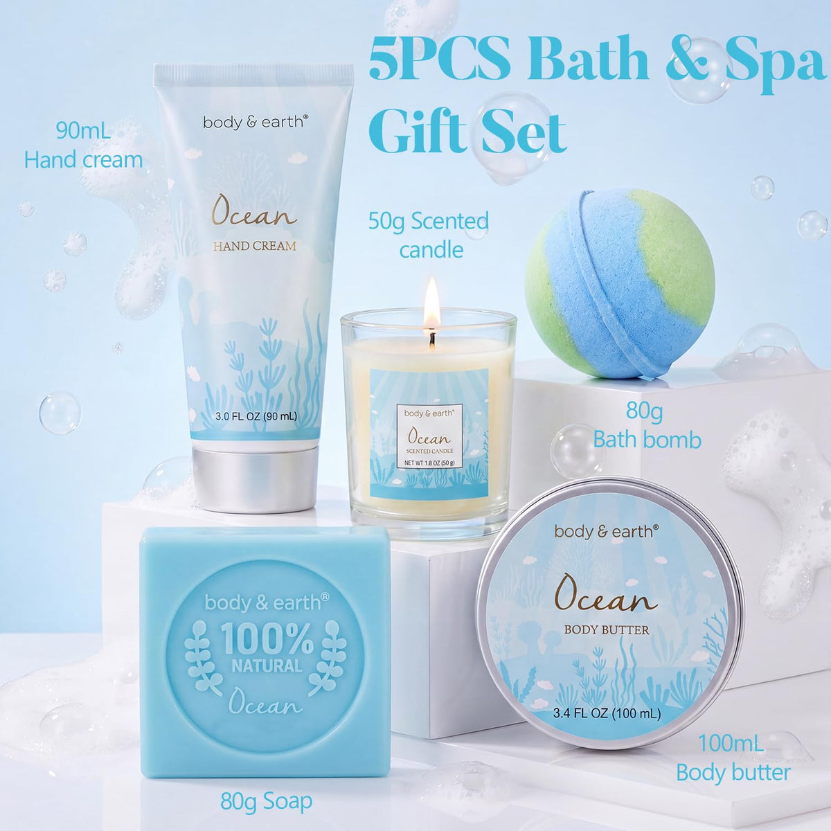 Close-up of BODY & EARTH scented candle from the spa gift set