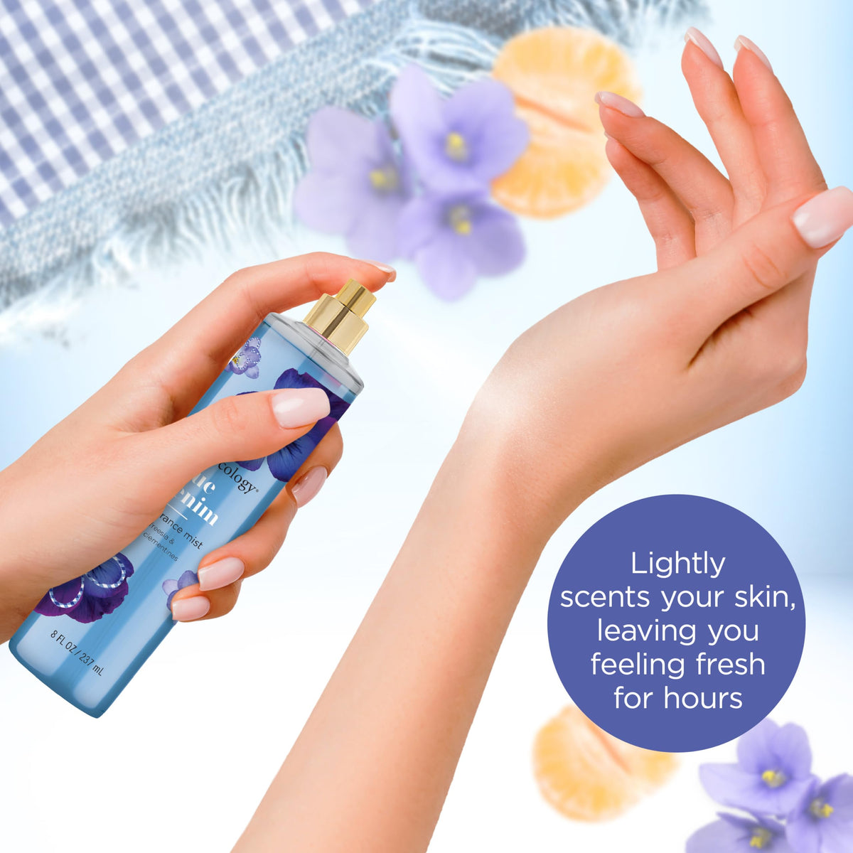 Close-up of Bodycology Blue Denim Fragrance Mist bottle