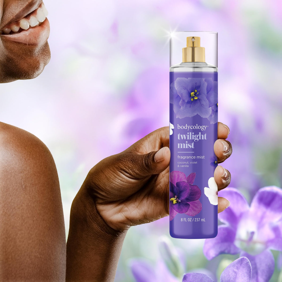 Close-up of Bodycology Twilight Mist Fragrance Body Mist bottle