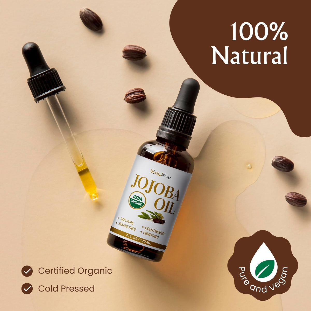Close-up of BodyJ4You Organic Golden Jojoba Oil bottle label