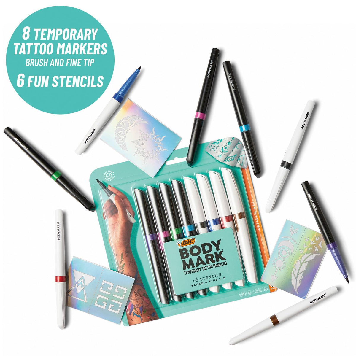 Close-up of BODYMARK tattoo markers showing mixed tips