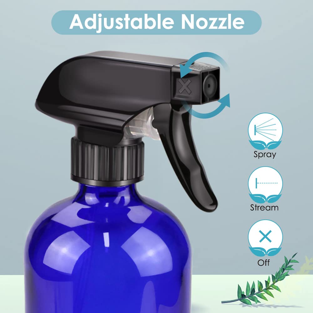 Close-up of Bontip blue glass spray bottle with black trigger nozzle