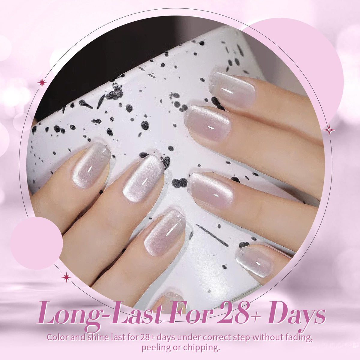 Close-up of Born Pretty Cat Magnetic Eye Gel Nail Polish Moonlight White on nails