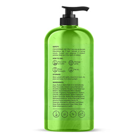 Close-up of Botanic Hearth body wash bottle with ingredient list
