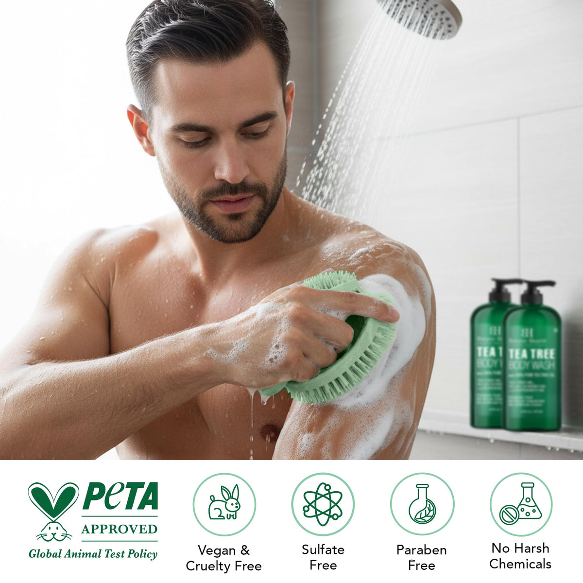 Close-up of Botanic Hearth Tea Tree Body Wash label
