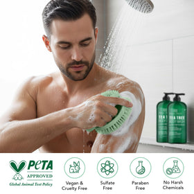 Close-up of Botanic Hearth Tea Tree Body Wash label
