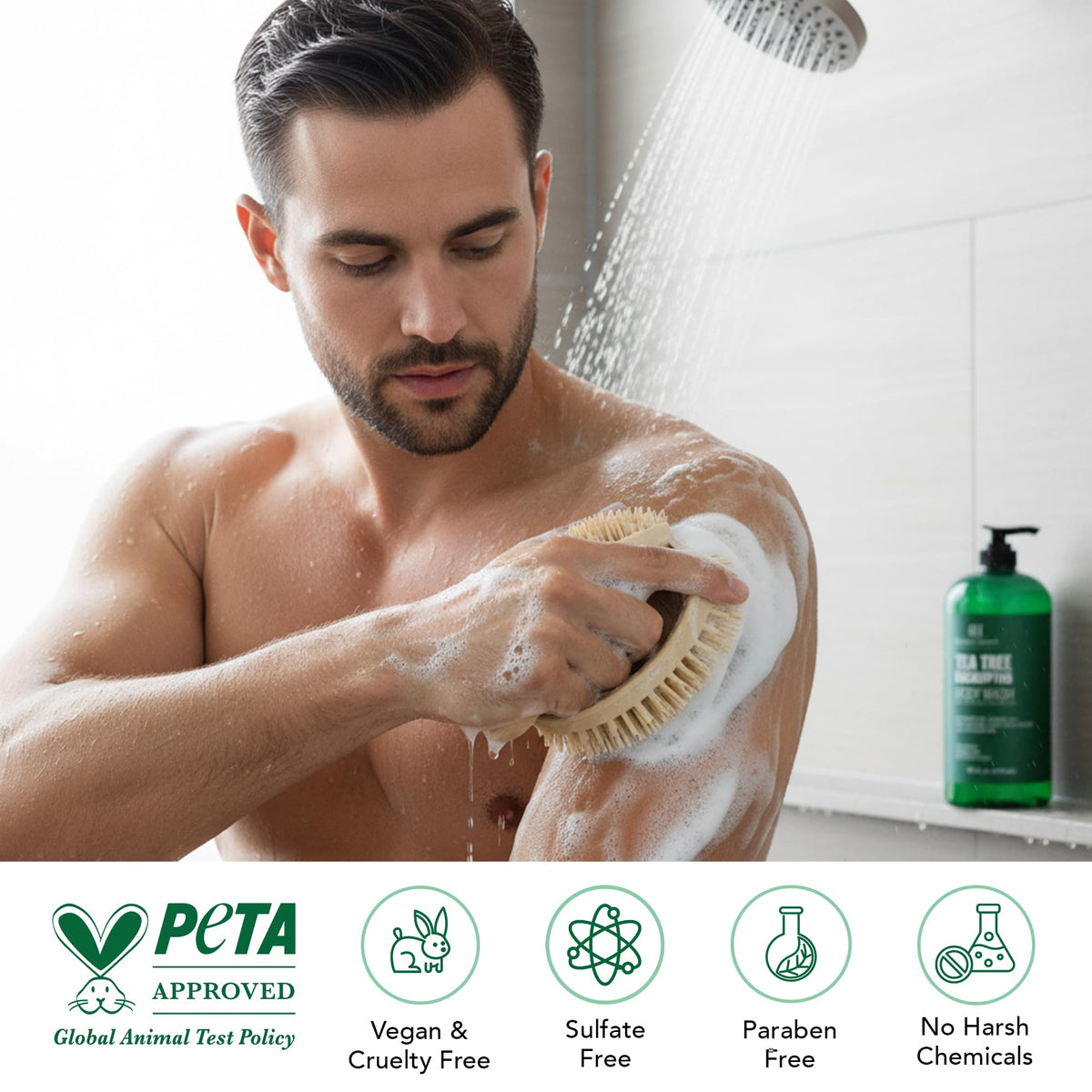 Close-up of Botanic Hearth Tea Tree Eucalyptus Body Wash bottle