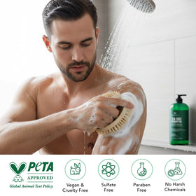Close-up of Botanic Hearth Tea Tree Eucalyptus Body Wash bottle
