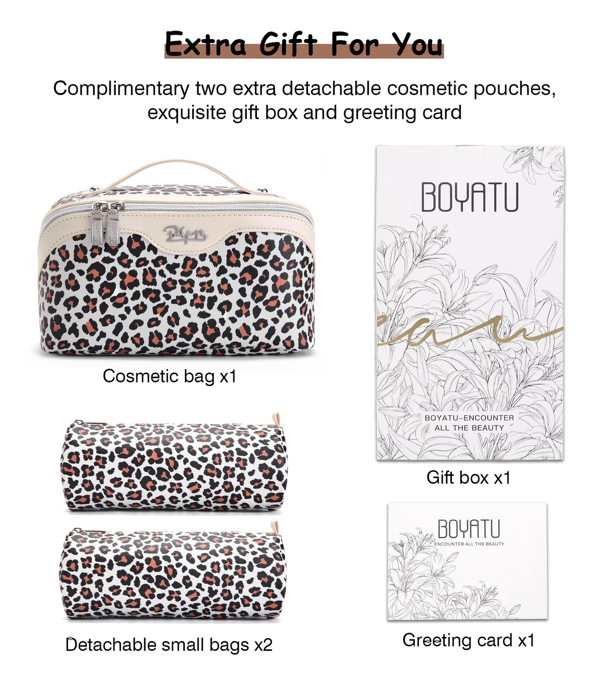 Close-up of BOYATU makeup bag with detachable pouches