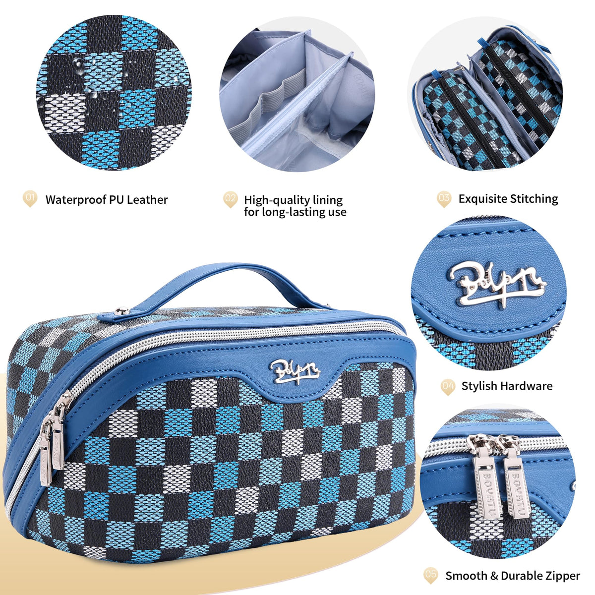 Close-up of BOYATU small makeup pouch in blue