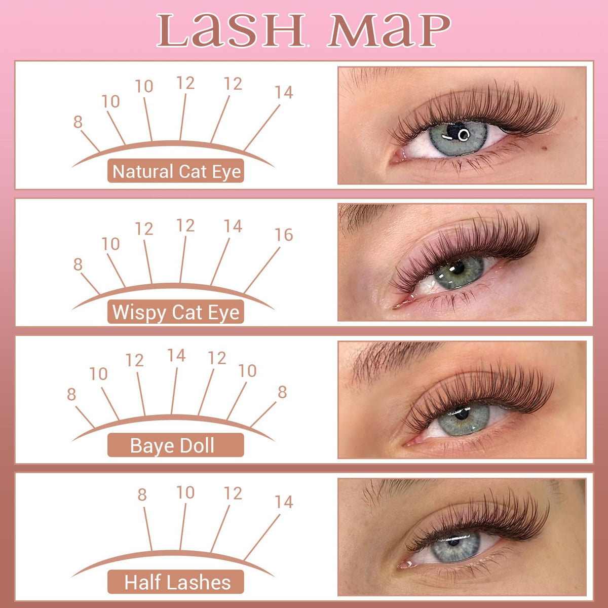 Close-up of brown lash clusters in various lengths