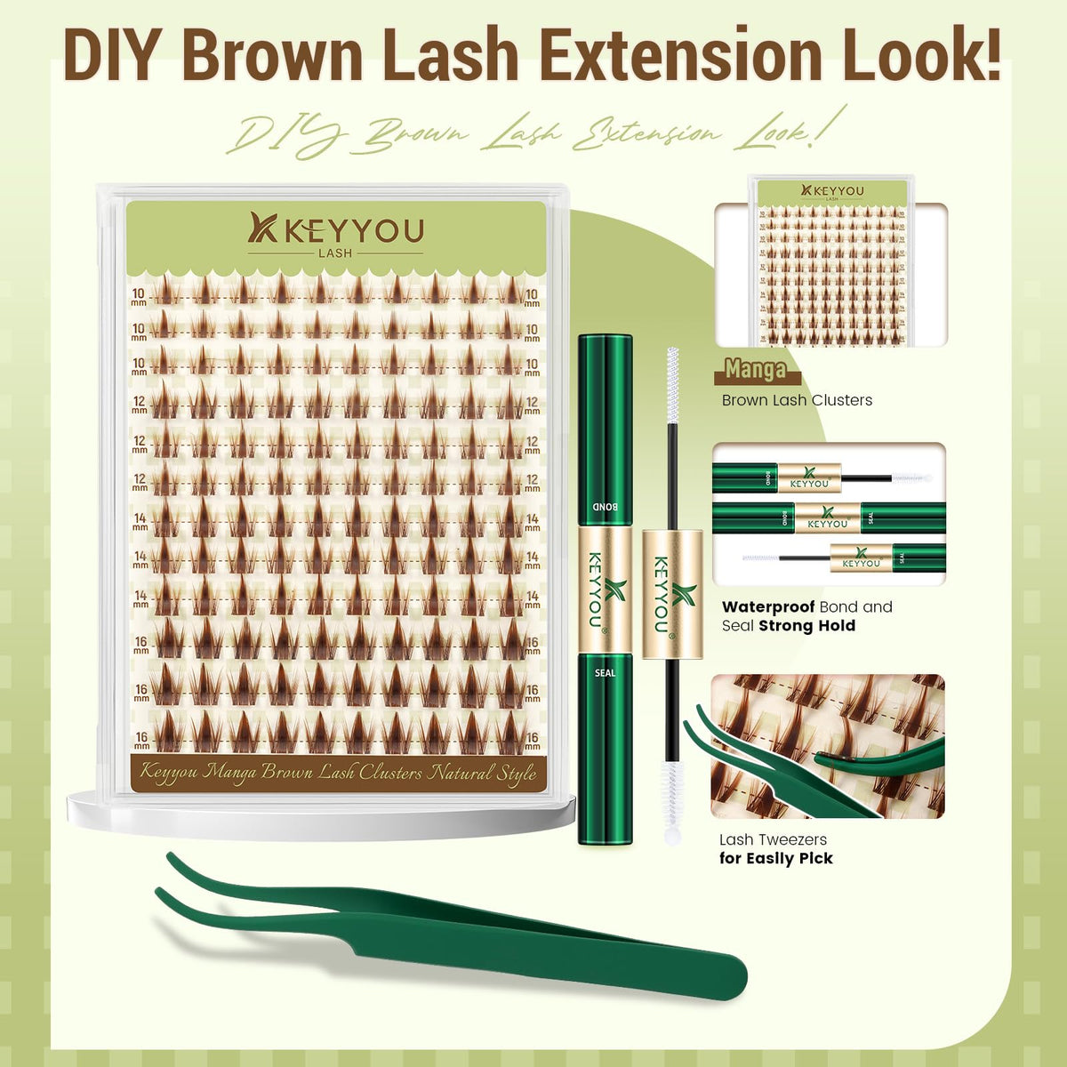 Close-up of brown wispy cluster lashes in KEYYOU kit