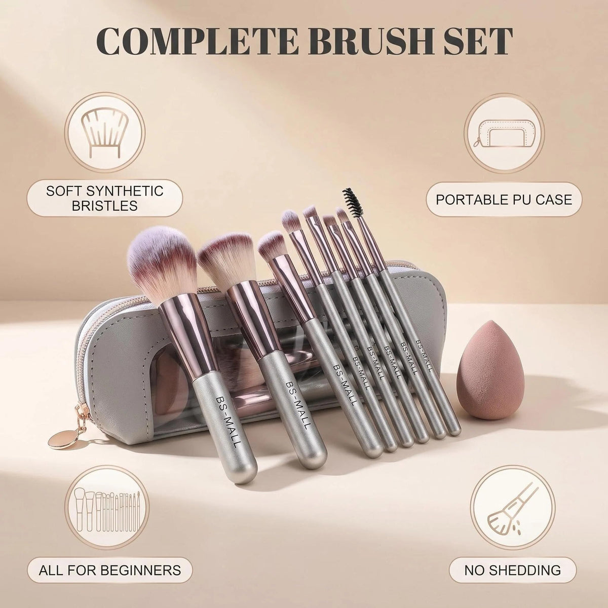 Close-up of BS-MALL makeup brushes in leather pouch