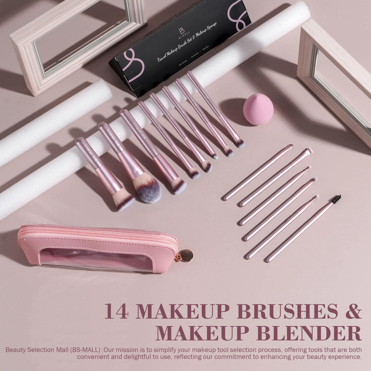 Close-up of BS-MALL makeup brushes showing variety for foundation and eyeshadow