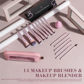 Close-up of BS-MALL makeup brushes showing variety for foundation and eyeshadow