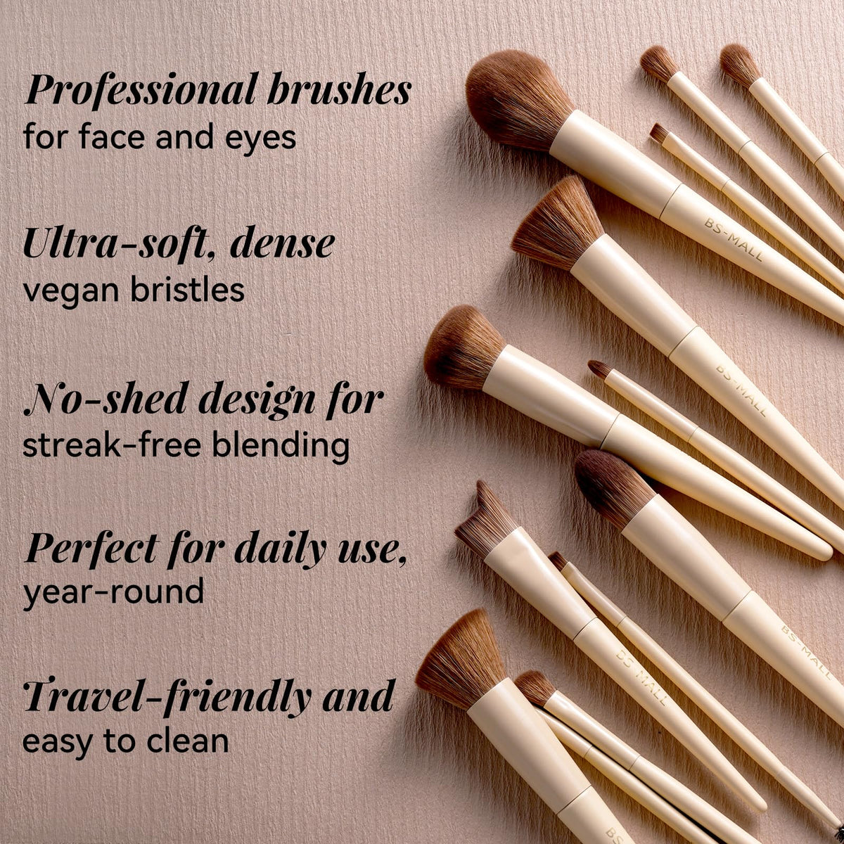 Close-up of BS-MALL makeup brushes with ergonomic handles