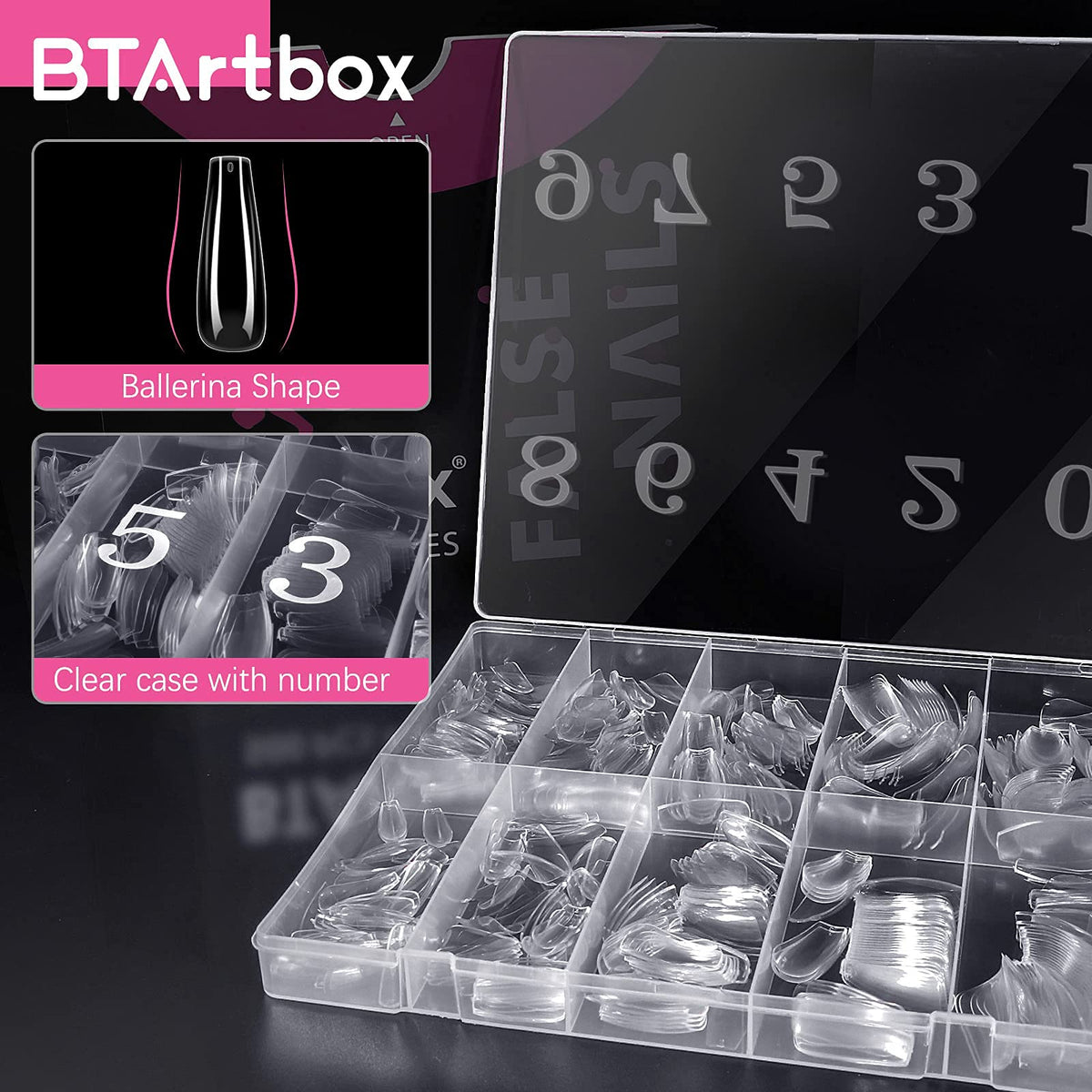 Close-up of BTArtbox coffin fake nails variety of sizes