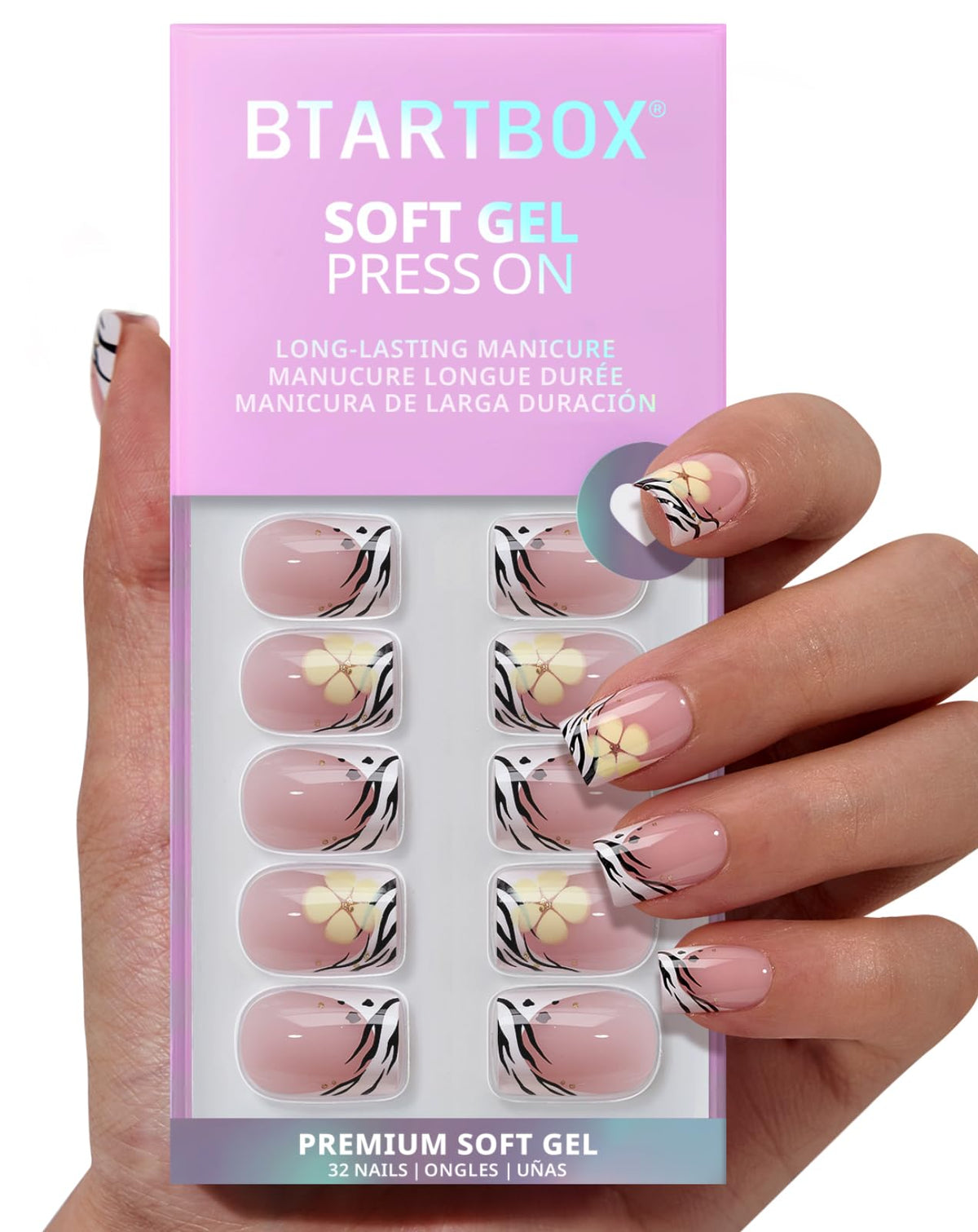 Close-up of BTArtbox Press On Nails Isle Plumeria showing nail design
