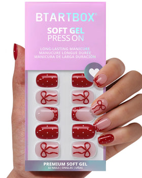 Close-up of BTArtbox Press On Nails showing red French tip