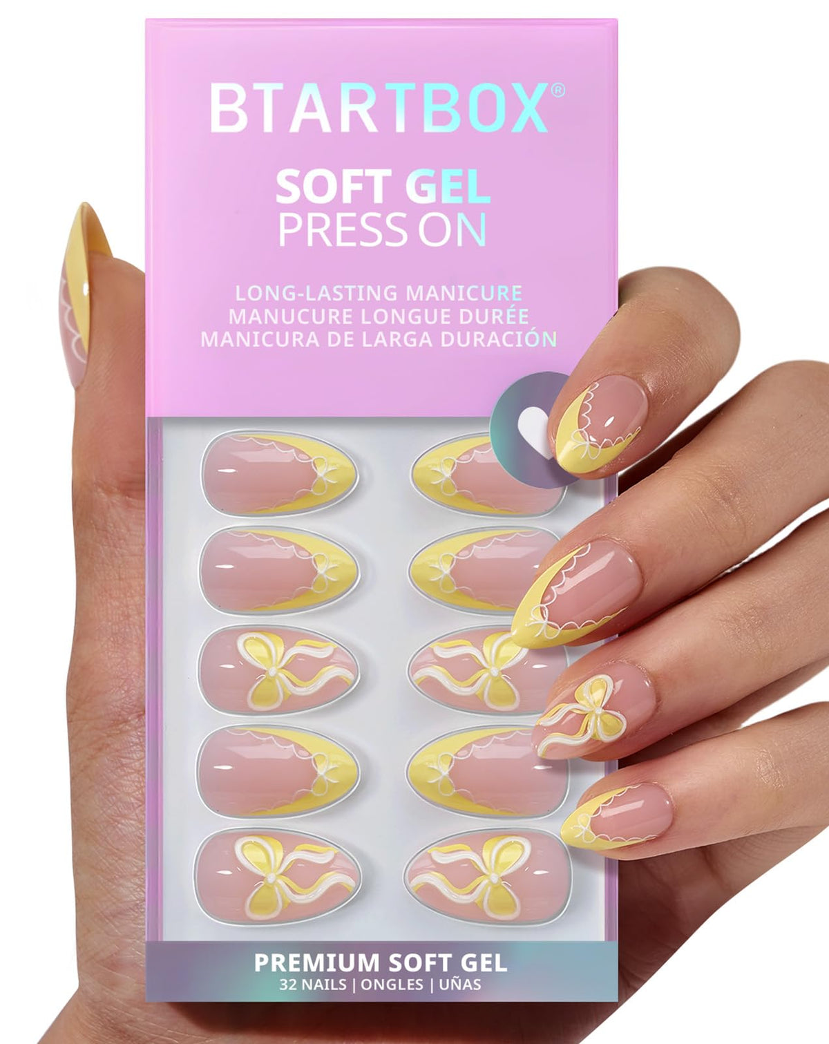 Close-up of BTArtbox Press On Nails showing short almond shape