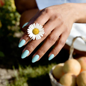 Close-up of BTArtbox Press On Nails showing the baby blue colour
