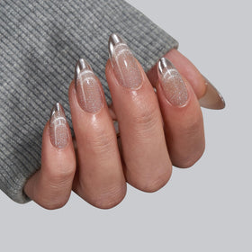 Close-up of BTArtbox Press On Nails Silver Storm medium almond shape