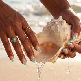 Close-up of BTArtbox Press On Nails Wave Ride showing blue French tip detail