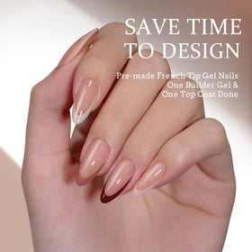 Close-up of BTArtboxnails almond-shaped press on nails in peach