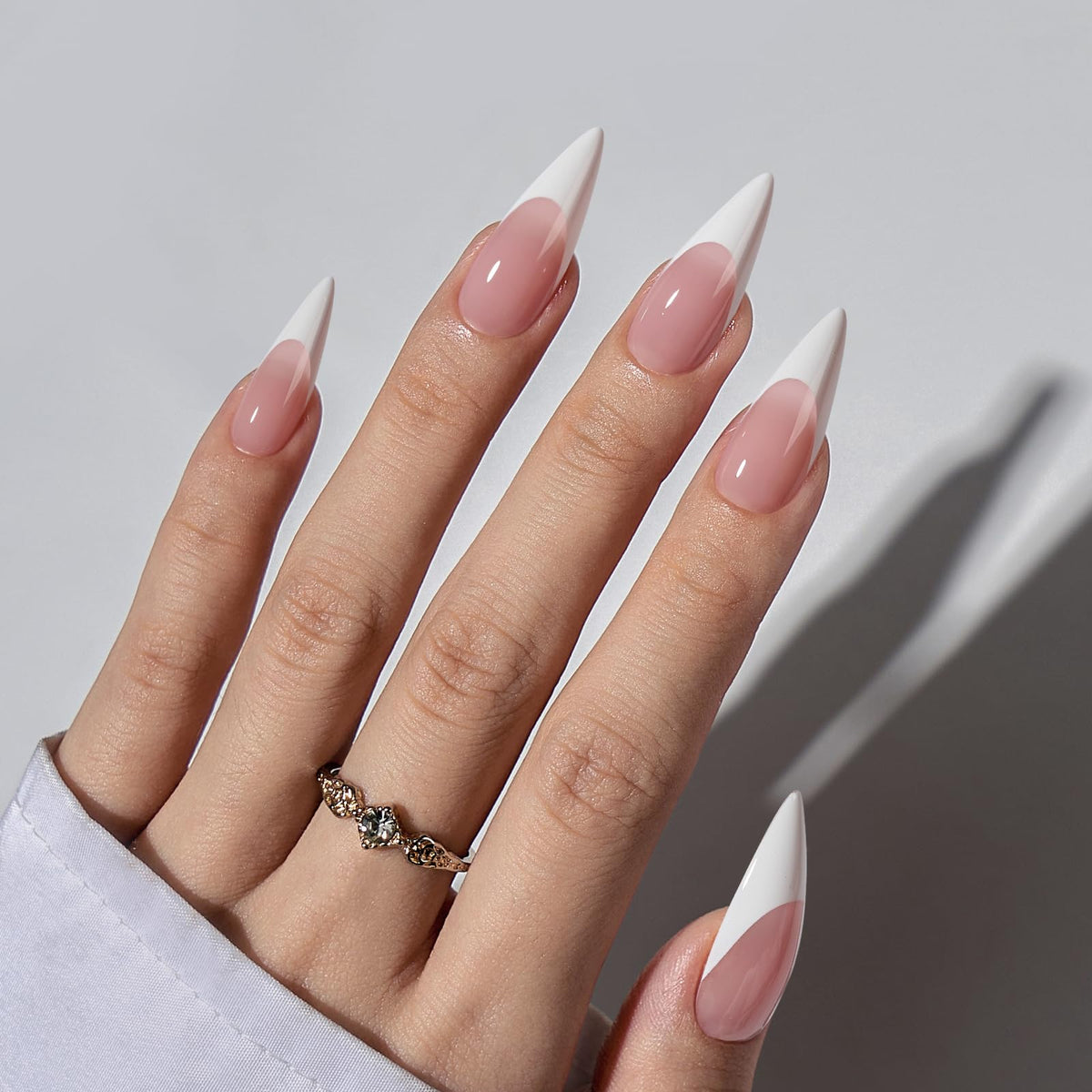 Close-up of BTARTBOXNAILS White French Tip Press On Nails L Stiletto Pink