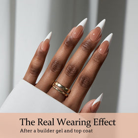 Close-up of BTARTBOXNAILS White French Tip Press On Nails showing tapered fit
