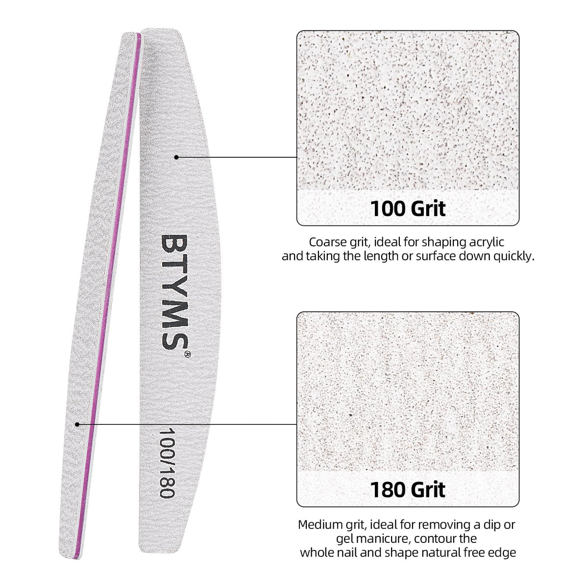 Close-up of BTYMS nail file showing 100 grit side