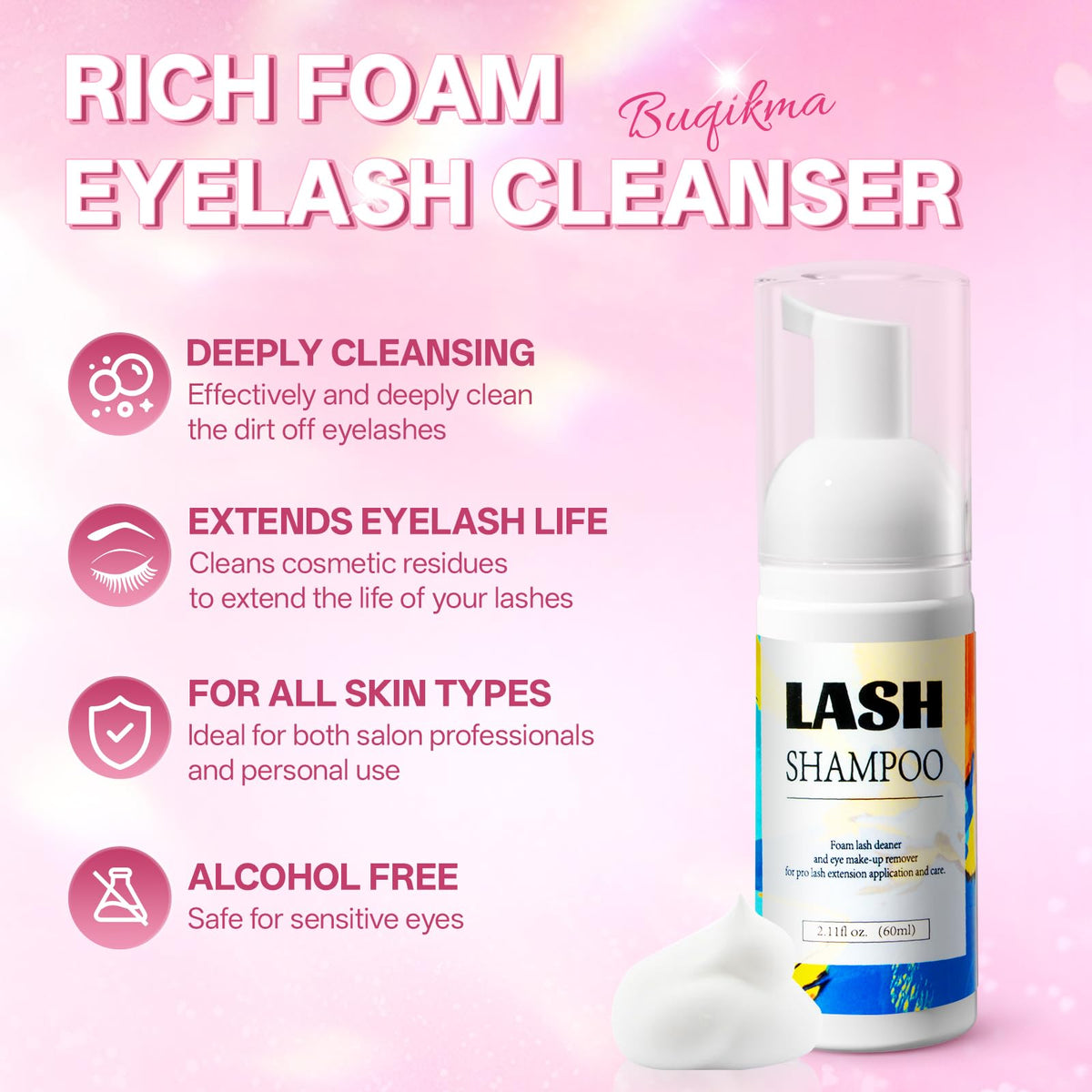 Close-up of Buqikma lash shampoo bottle