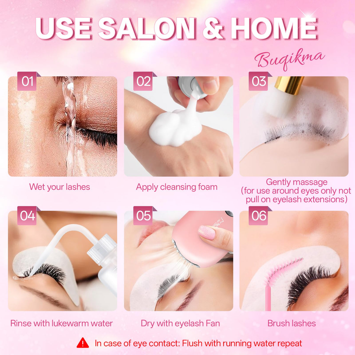 Close-up of Buqikma Lash Shampoo bottle and accessories