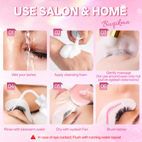 Close-up of Buqikma Lash Shampoo bottle and accessories