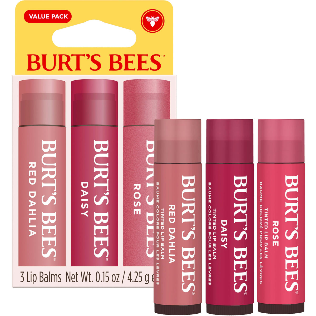 Close-up of Burt's Bees Red Dahlia tinted lip balm tube