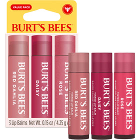 Close-up of Burt's Bees Red Dahlia tinted lip balm tube