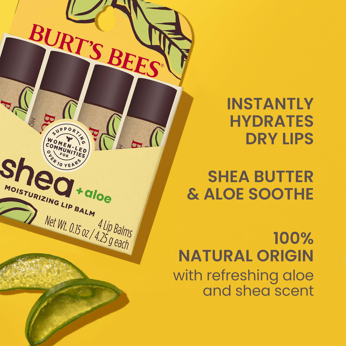 Close-up of Burt's Bees Shea and Aloe Lip Balm tube with natural ingredients