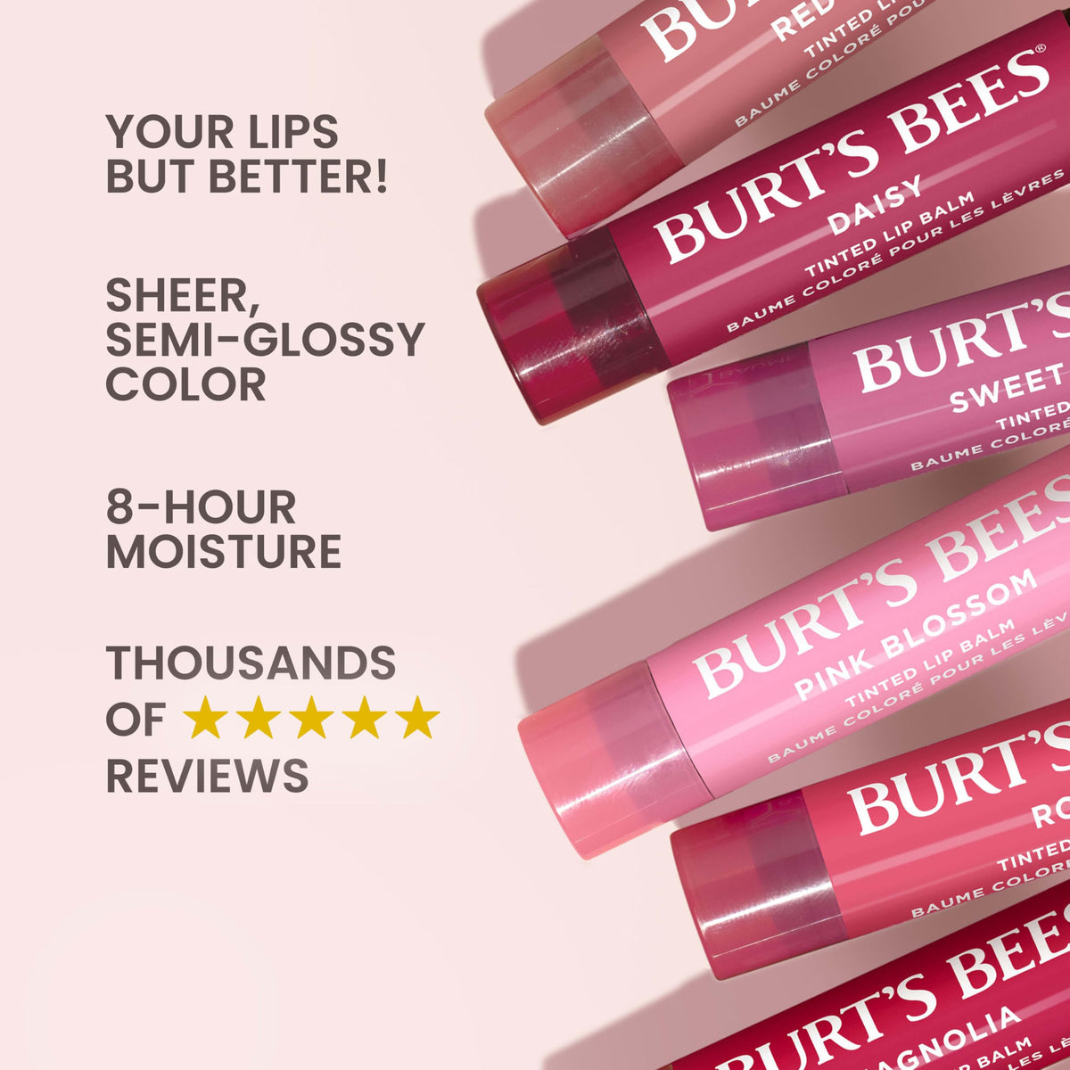 Close-up of Burt's Bees Tinted Lip Balm in Hibiscus